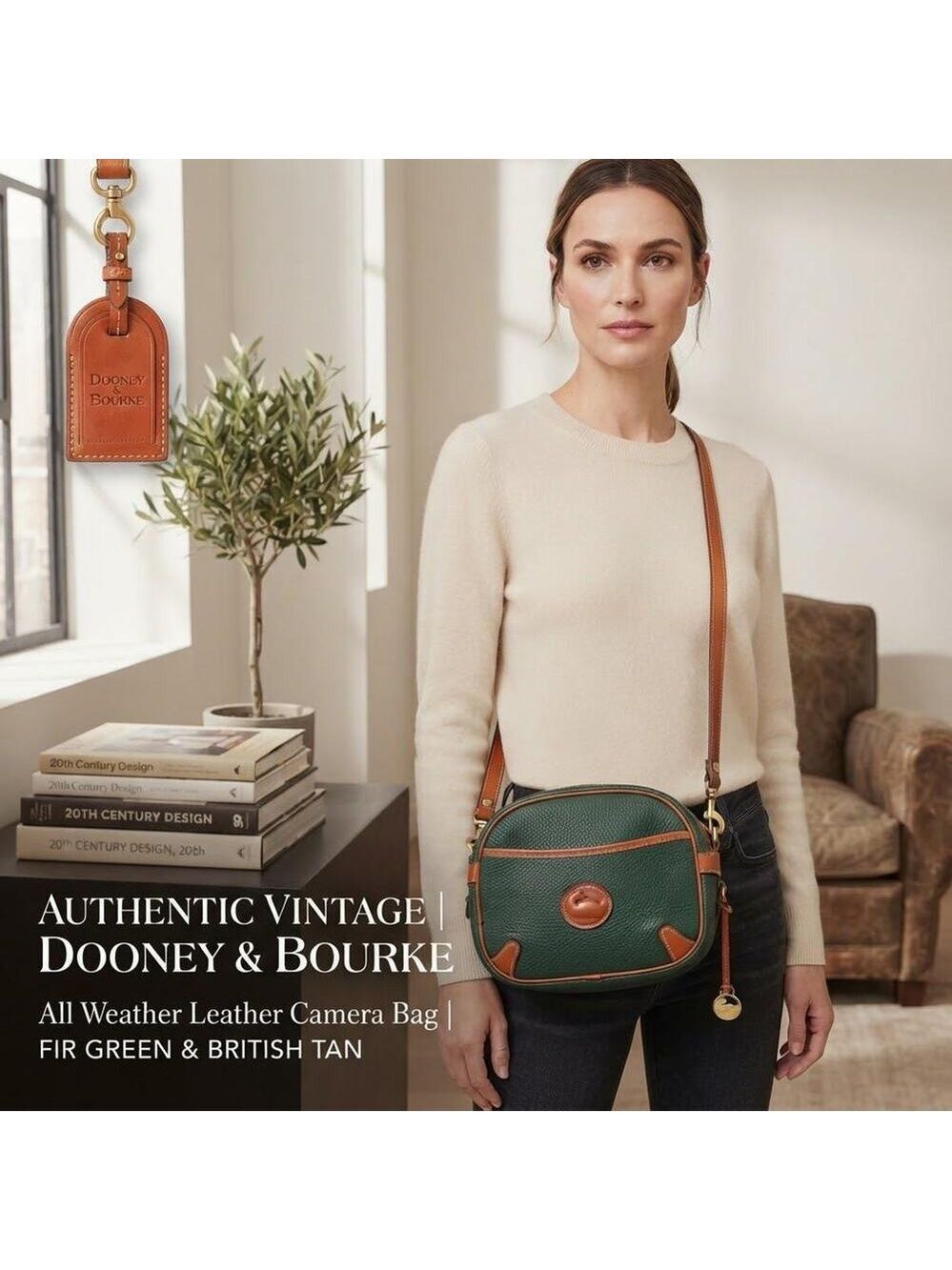Vintage Dooney & Bourke All-Weather Leather Camera Bag Fir Green w British Tan